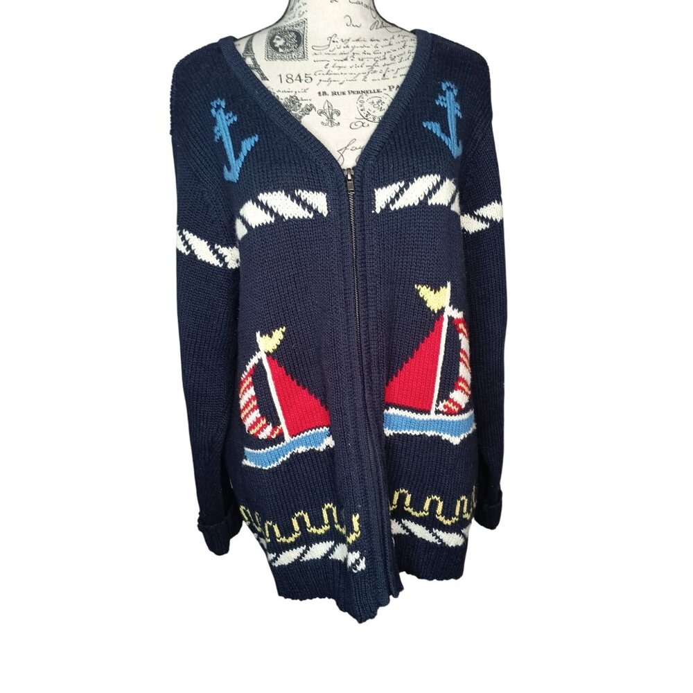 Liz Claiborne Navy Blue Sailboat Zip Front Cardigan with Red & White Accents